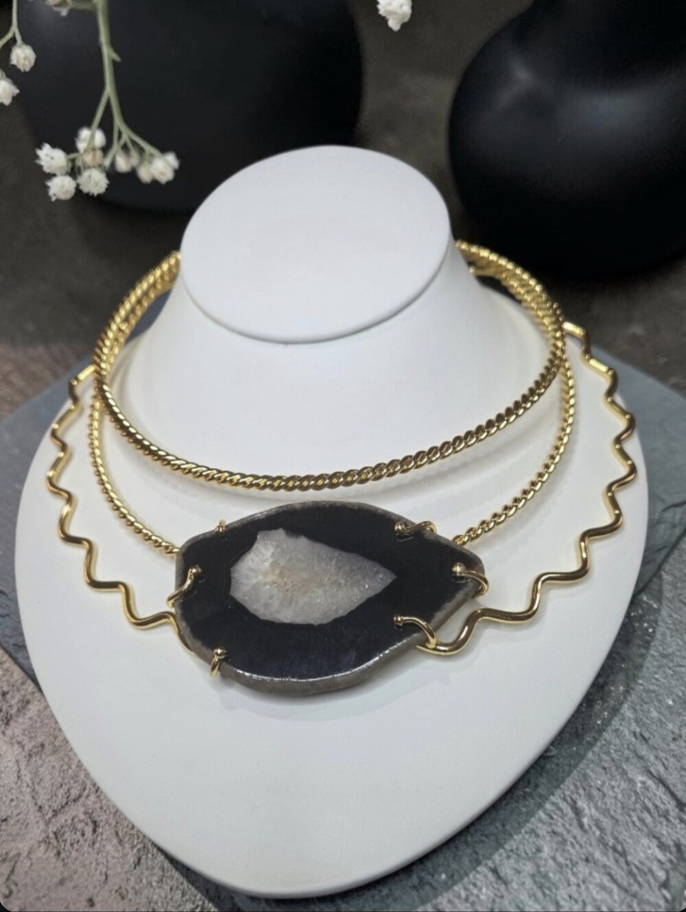 18k Gold Plated Artisan Onyx Agate Crystal Geode Torque Collar Necklace